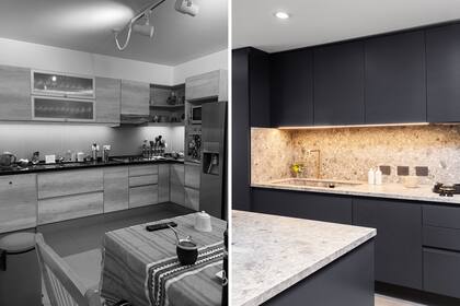 ANTES Y DESPUÉS. Las mesadas que resultaban angostas cedieron el lugar a una amplia superficie de trabajo. La mesa se reemplazó por la isla y los nuevos muebles (DIPA Arquitectos) con frente laqueado tienen una vista unificada.