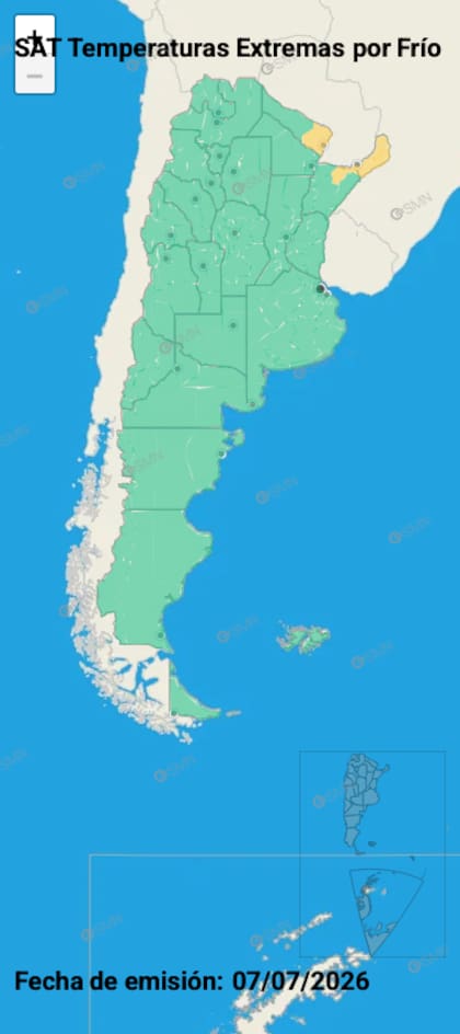 El mapa de temperaturas extremas del SMN para este miércoles