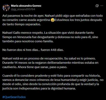 El posteo completo de María Alexandra Gómez, la esposa de Nahuel Gallo