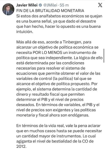El posteo de Milei en X