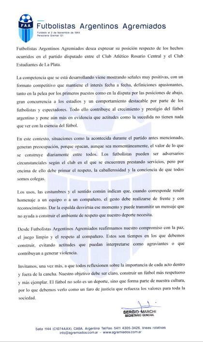 Futbolistas Argentinos Agremiados publicó este martes un comunicado contra la acción de los jugadores de Estudiantes por haber dado la espalda a los de Rosario Central en Arroyito.