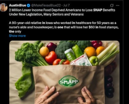 Millones de estadounidenses serán afectados por los recortes a SNAP. X / @MakeTexasBlue22
