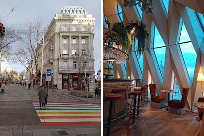 Vista del hotel Motto desde afuera, y desde el interior de su cúpula moderna. Der., detalle del restaurante Chez Bernard, en el último piso.